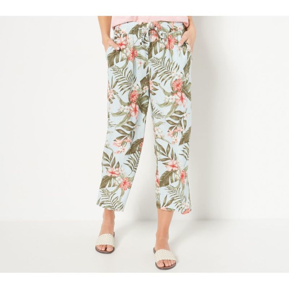 Denim & Co. Women's Pants Sz L Naturals Printed Linen Blend Crop Blue A503618